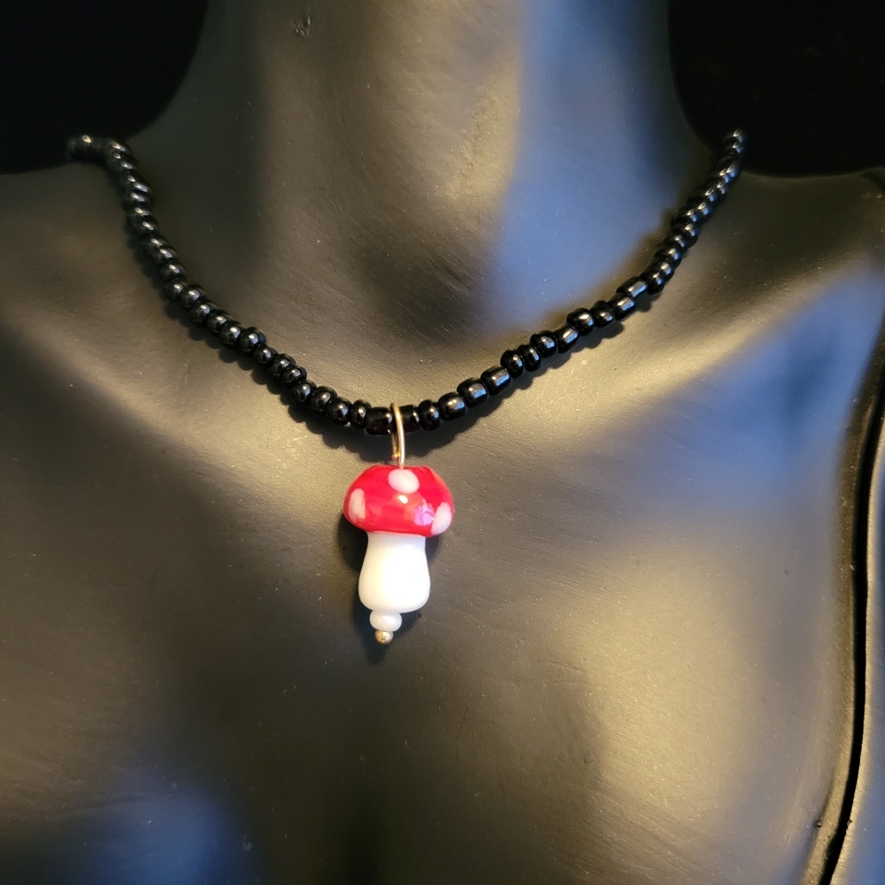 Black Beaded Mushroom Necklace